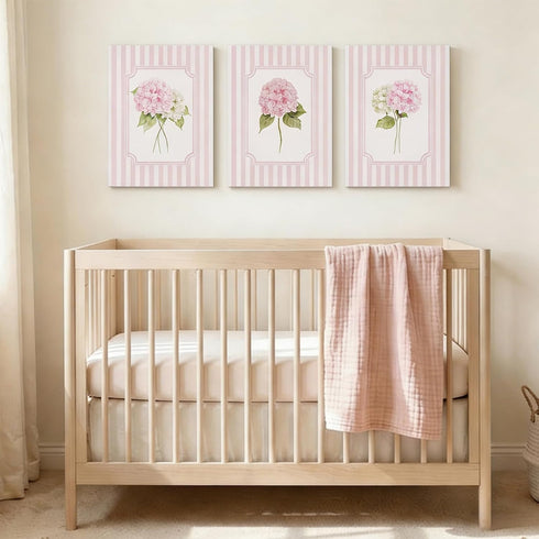 Set 3 12x16 Inch Pink Hydrangea Nursery Wall Art for Girls Room, of Framed Pink Floral Canvas Prints, Shabby Chic