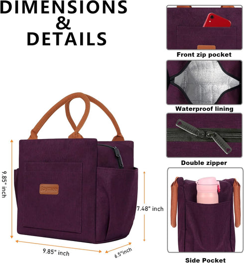 Joymee Insulated Lunch Bag - Reusable Leakproof Cooler Tote for Work, Office, Travel, Picnic - Dark Purple