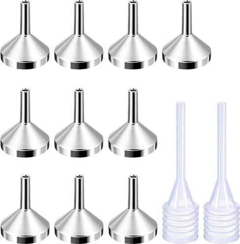 10 Pack Small Metal Funnels with 2 Pack Mini Pipette for Filling Mini Bottles, Atomizers, Liquid (Silver)