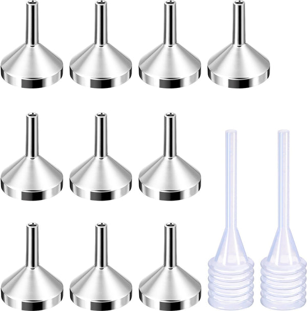 10 Pack Small Metal Funnels with 2 Pack Mini Pipette for Filling Mini Bottles, Atomizers, Liquid (Silver)