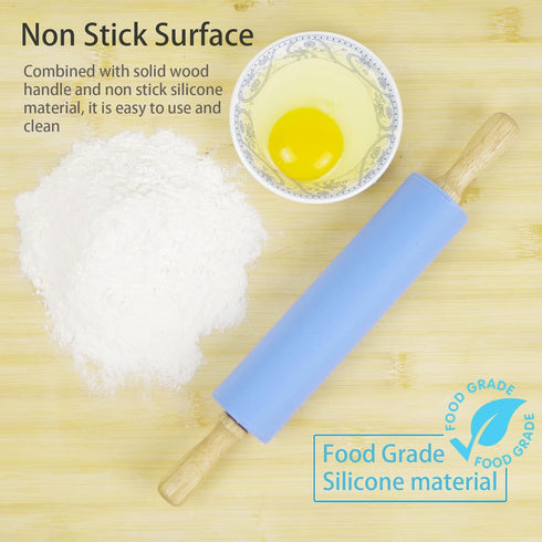 Silicone Rolling Pin for Baking, Non-stick Dough Roller with Wooden Handle, Kitchen Accessories, Pastry Roller