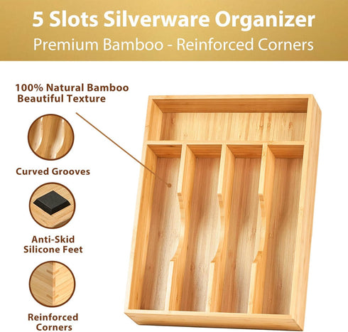 Umilife Bamboo Kitchen Drawer Organizer, 9 Inch Silverware Utensils Tray Holder for Small Drawer, Wood Caddy for Flatware Cutlery Knives by Umilife
