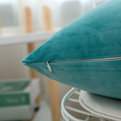 RainRoad Velvet Decorative Throw Pillow Covers - Soft Square Light Teal Cushion Cover 18x18 Inch, Set of 2