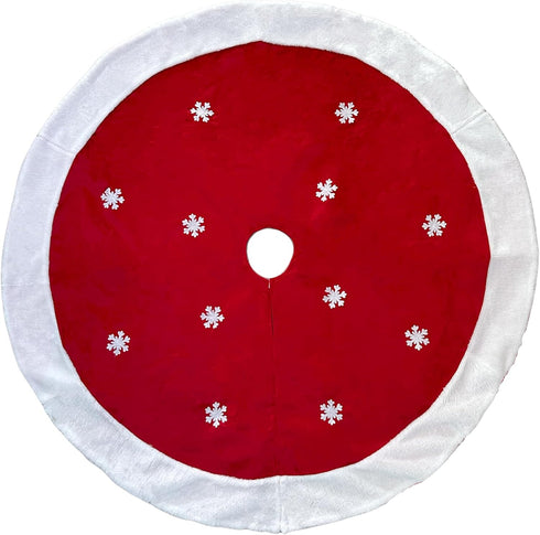 White Snowflakes Christmas Tree Skirt - Large 48" Diameter, Red Felt Center, Faux Fur Trim, Bright Red Decoration