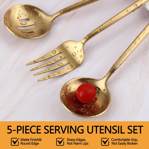Large Serving Utensils Set, 5 Pcs Stainless Steel Gold Utensils with 10.8 Inch Fork, 10.3 Inch Spoon, Slotted Spoon,