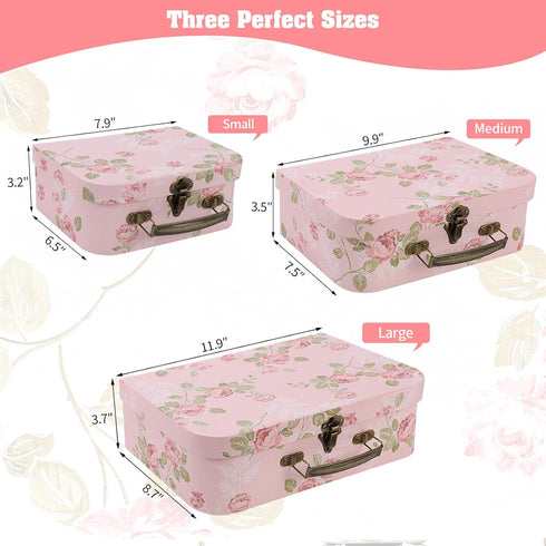 Set of 3 Paperboard Suitcases Storage Box with Lids for Photo Storage, Home Decoration, Gift Decoration (3Pcs, Pink