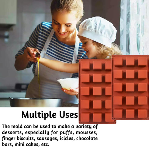 Square Silicone Mold, 2 Pack 15 Cavity Cube Mousse Cake Baking Molds for Soap, Candy Chocolate Cubes & Ice Cream