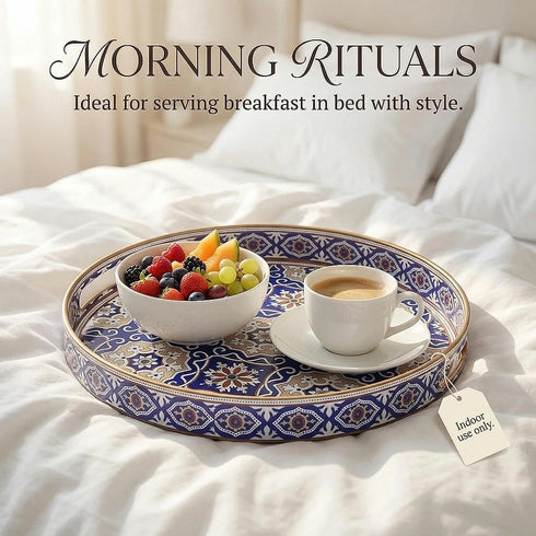 13 INCH Zosenley Round Decorative Tray, Plastic with Handles, Modern Vanity and Serving for Ottoman, Coffee Table