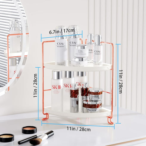 FSyueyun 2-Tier Corner Bathroom Counter Organizer, Tool-Less Installation Vanity Shelf, Small Plastics Makeup Tray
