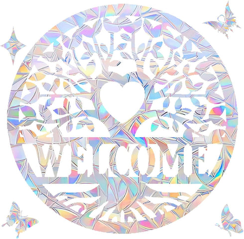 Welcome Family Tree Window Clings for Bird Strikes, Anti-Collision Decals to Save Birds, Non Adhesive Prismatic Stickers