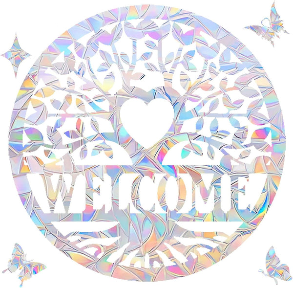 Welcome Family Tree Window Clings for Bird Strikes, Anti-Collision Decals to Save Birds, Non Adhesive Prismatic Stickers