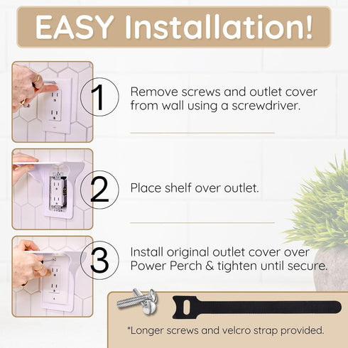 Storage Theory Power Perch Horizontal Outlet Shelf with Cord Storage Strap - Wall Shelf for Echo Dot, Electric