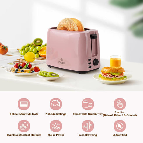 iSiLER 2 Slice Toaster - Pink, 1.3 Inches Wide Slot Bagel Toaster with 7 Shade Settings, Compact with Removable Crumb