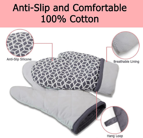 Oven Mitts and Pot Holders Set, 6pcs Thick Cotton Gloves High Heat Resistant with Non-Slip Surface