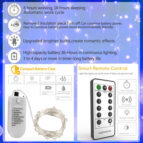 6 Pack 2PCS 6.5ft 20LED Fairy Lights Battery Operated String Lights with Timer Remote Blue Twinkle Light Waterproof