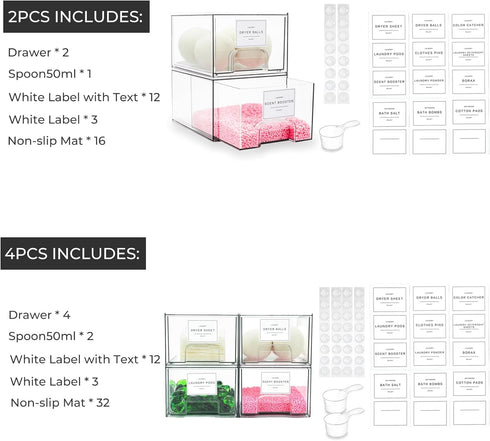 Laundry Room Organization Storage Drawer with Labels, Clear Stackable Drawers for Laundry Room Organizing Decor