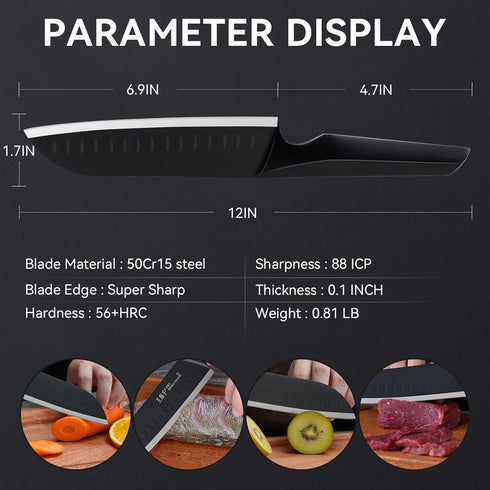 7" Chef Knife Ultra Thin, High Carbon Stainless Steel Sharp Santoku Knife for Kitchen All-Around Food, Professional for Family & Restaurant