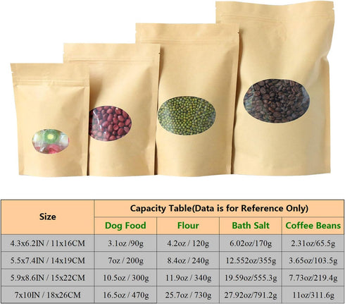 Kraft Stand Up Bags with Window, SumDirect 50Pcs, 4.3x 6.2 inches, Brown Food Storage Bags, Reusable