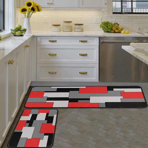 Set 2- 17x47.2 17x30 inches Kitchen Rugs of Red, Black, and Grey Modern Geometric Non-Slip Washable Floor Mats