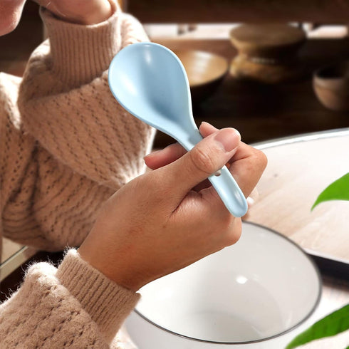 Blue Ceramic Soup Spoons Set of 6, 6.75 inch Chinese Ramen Spoons for Pho, Cereal, Noodles, Stews, Dishwasher Safe