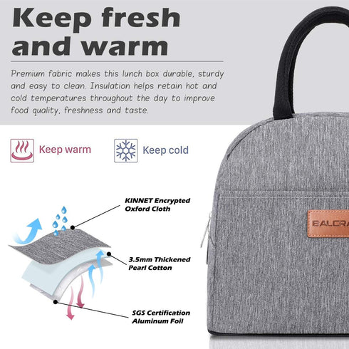 BALORAY Insulated Lunch Bag for Women Men, Reusable Lunch Box Tote Bag for Work, Picnic or Travel (Grey)