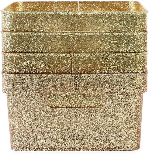 Isaac Jacobs Small Glitter Storage Bin (10” x 7.5” x 4.25”), Set with Cut-Out Handles, Multi-Functional Organizer, Gold