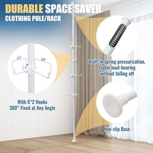 12 Corner Coat Rack - Hook Tension Rod Plant Stand Stainless Steel Organizer for Coats, Towels, Plants & More, No