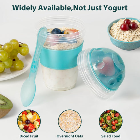2 Pack 20 oz Freshmage Yogurt Parfait Cups with Lids, Reusable Overnight Oats Containers with Lids, Topping Compartment