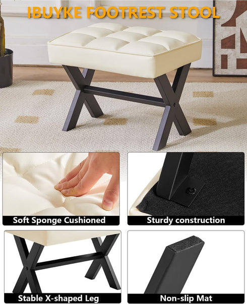 12" WBD012W IBUYKE Small H Footrest Stool, Square PU Foot Stool with Metal X-Leg, Multi-Use as Small Side Table, Step