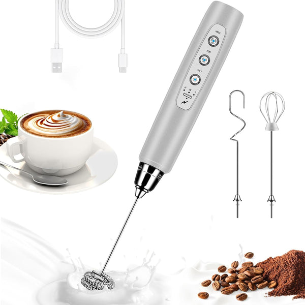 Milk Frother Handheld for Coffee, Electric Whisk 3 Speed Adjustable, Drink Mixer with 3 Stainless Whisks, Rechargeable