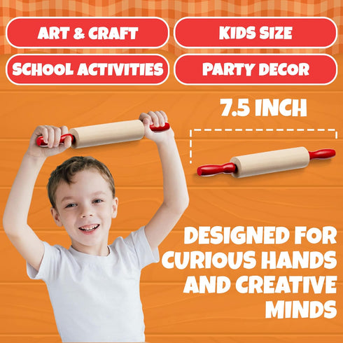 Mini Rolling Pin 7.5 Inch (6 Pack) Kids Rolling Pin Set for Play Dough, Wooden Baking Pins with Handles