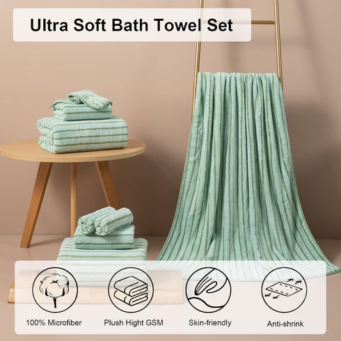 8 Set Sheet-2 Towels,2 Towels,4 Oliven Pcs Green Cabana Stripe Large Bath Towel Oversized Bath Bathroom Hand Washcloths