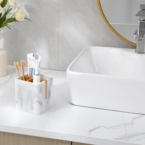 rejomiik Toothbrush Holders for Bathrooms Countertop, 3 Slots Electric Tooth Brushing and Toothpaste Storage Organizer Stand for Toiletries and Beauty Accessories, Marble White by rejomiik