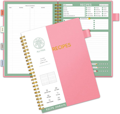 Recipe Book to Write Your Own Recipes, ALLTREE Blank Cookbook with 15 Tabs, 120 Pages, Pink