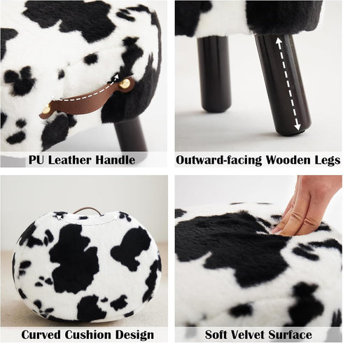 Small Footstool with Handle, Faux Fur Ottoman Foot Rest with Padded Seat, Curved Foot Stool with Wooden Legs, Portable