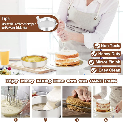 P&P CHEF 6 Inch Cake Pans Set of 4, Round Baking Pan, Stainless Steel Layer Cake Pans, Dishwasher Safe