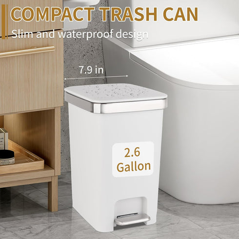 3 2.6 Small Bathroom Trash Can with Lid and Rolls Trash Bags, Step Pedal Wastebasket Plastic Garbage Can with Pop-Up