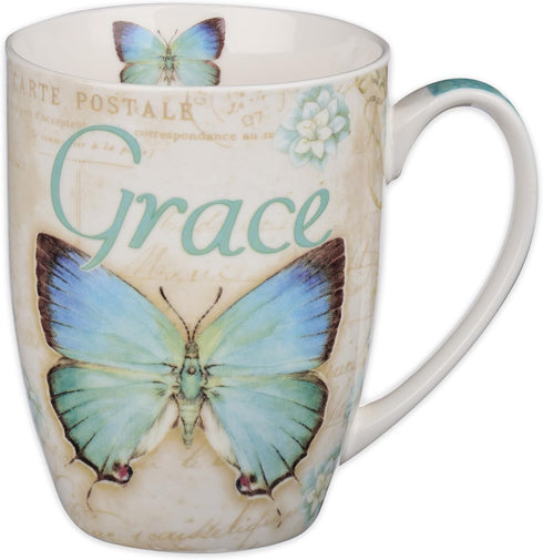 Christian Art Gifts Botanic Blue Butterfly Ceramic Coffee Mug, 12 oz - Inspirational with Bible Verse: Grace - Eph. 2:8