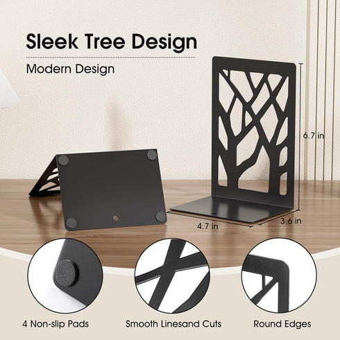 7 4.7 3.5, Black,2 Pair/4 MaxGear Book Ends Tree Design Modern Bookends for Shelves, Non-Skid Book Holder, Heavy Duty