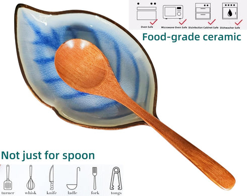 Ice Cracks Leaf Ceramic Spoon Rest for Stove Top, Cute Cooking Spoon Holder for Kitchen Counter 1 PCS (Sapphire)