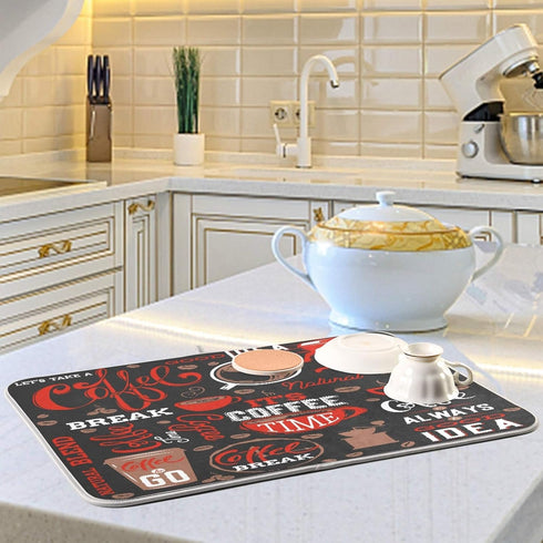 Coffee Theme Dish Drying Mat 18 x 24 Inch, Absorbent Microfiber Pad for Kitchen Counter, Drainer Mat for Dishes
