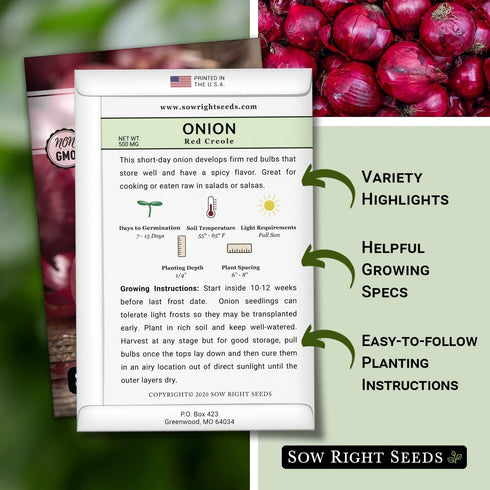 Packet (1) Sow Right Seeds - Red Creole Onion Seeds for Planting - Non-GMO Heirloom with Instructions to Plant a Home