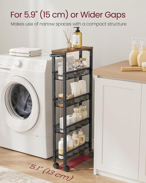 VASAGLE Slim Rolling Cart, 5-Tier Storage Cart with Handle, 5.1 Inches Deep Metal Frame for Kitchen, Dining Room, Home