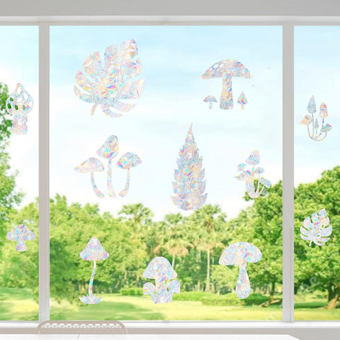 STICKERGURU 16 Pieces Mushroom and Leaf Window Clings - Anti-Collision Decals to Save Birds from Window Collisions