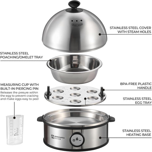 7 360W, Annie & Mia Design Electric Egg Cooker, All Stainless Steel Egg Capacity egg boiler, Hard, Medium, Soft Boiled
