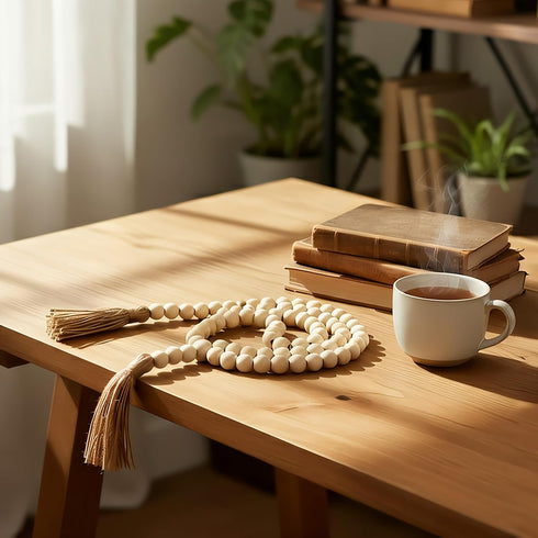 WIWUE GUO 59in Farmhouse Beads, Wood Bead Garland with Tassels, Bookshelf Decor for Tiered Tray, Decorative Tassel