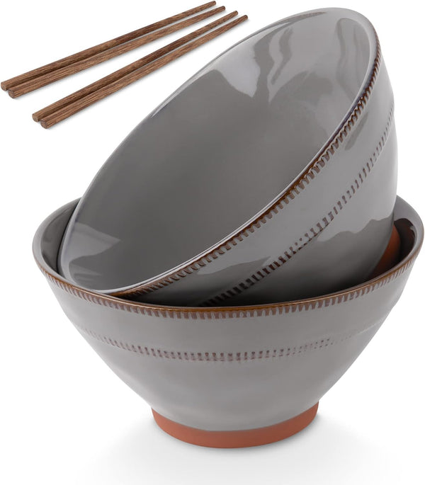 KooK Ramen Bowl Set of 2, Authentic Japanese Ramen Bowl with Chopsticks, Microwavable, Dishwasher Safe, 36 oz, Carbon