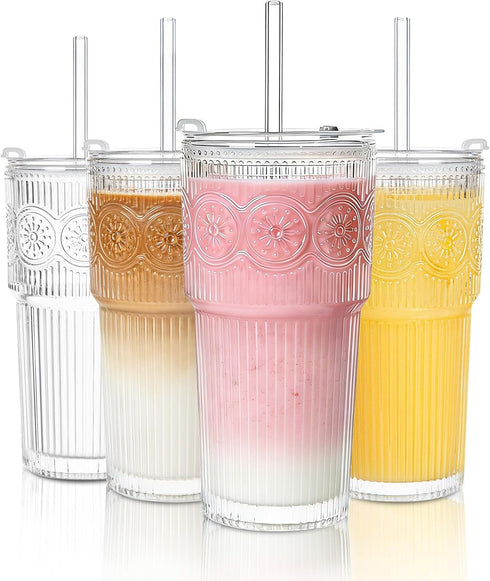 SoulTimes 20oz Ribbed & Floral Glass Tumbler Set of 4 Reusable Glass