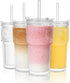 SoulTimes 20oz Ribbed & Floral Glass Tumbler Set of 4 Reusable Glass