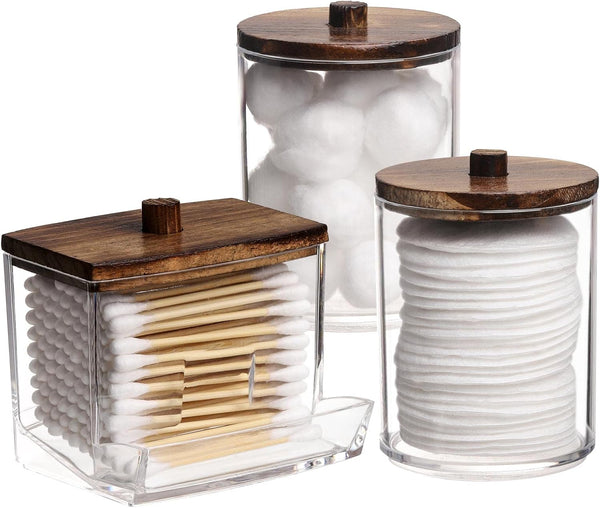 Tbestmax Bathroom Container for Qtips, 10/7 OZ Cotton Ball/Swabs Dispenser, Brown Wood Lids